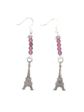 Earrings Eiffel Tower Charms Brown Silver Beads Sterling Hooks 2" Long